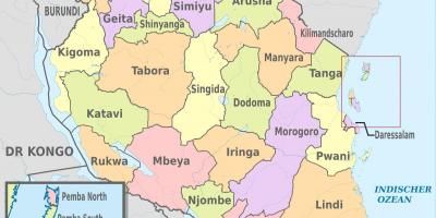 Tanzanya haritası bölgeler ve ilçeler gösteren 