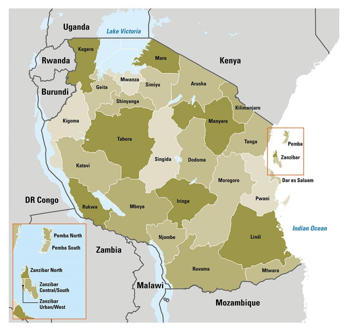 Tanzanya Harita Bölgeleri gösteren 
