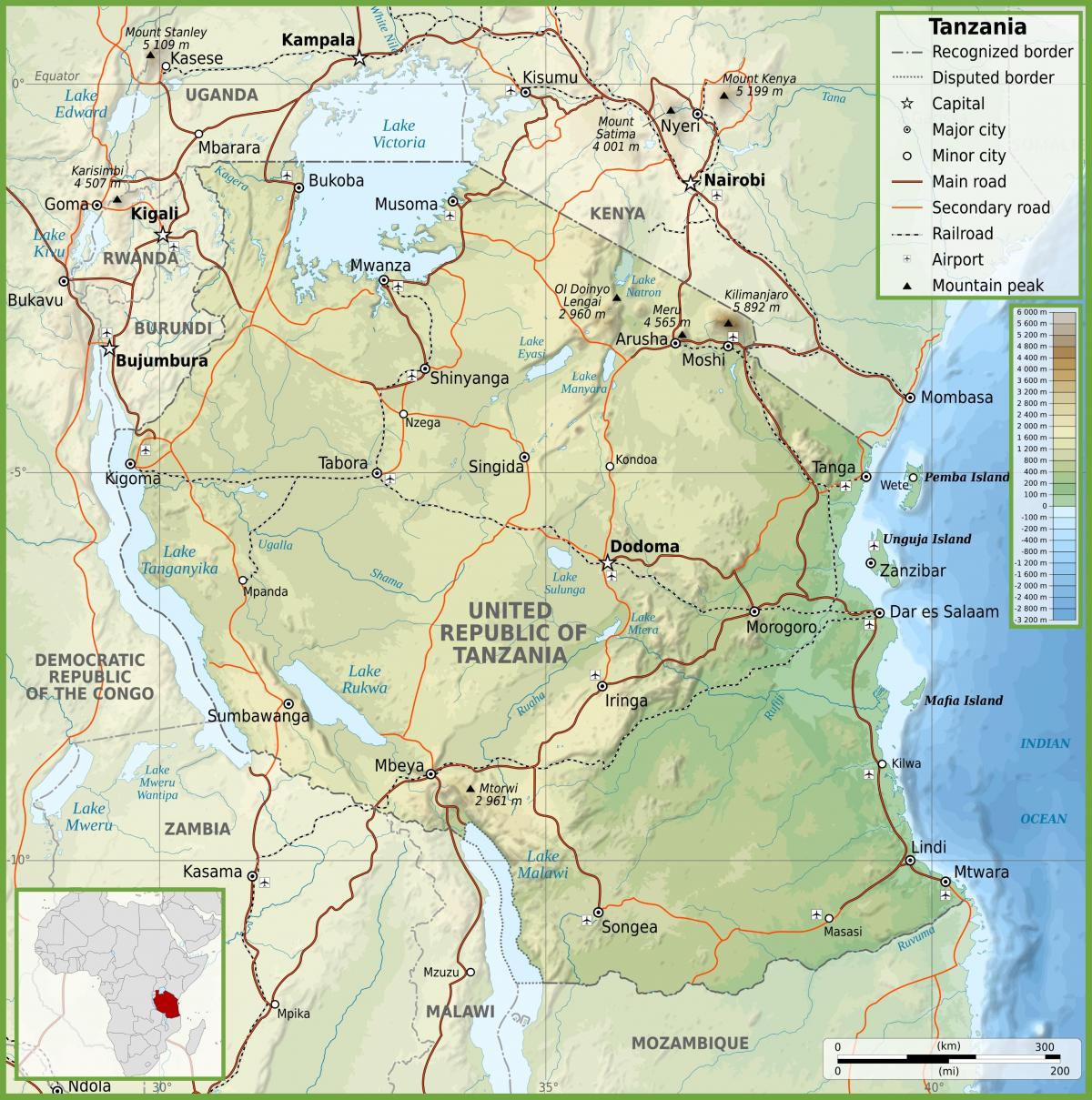kilometre ile Tanzanya yol haritası 