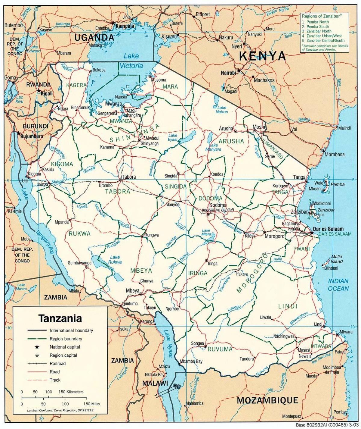 Tanzanya şehirler ile harita 